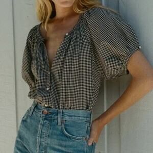 Doen June Cotton Voile Button Short Puff Sleeve Blouse Top La Maddalena Gingham